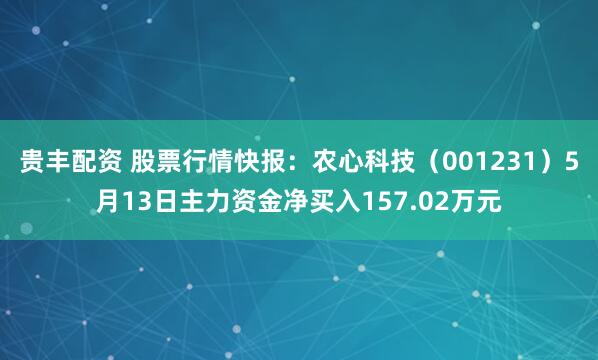 贵丰配资 股票行情快报：农心科技（001231）5月13日主力资金净买入157.02万元
